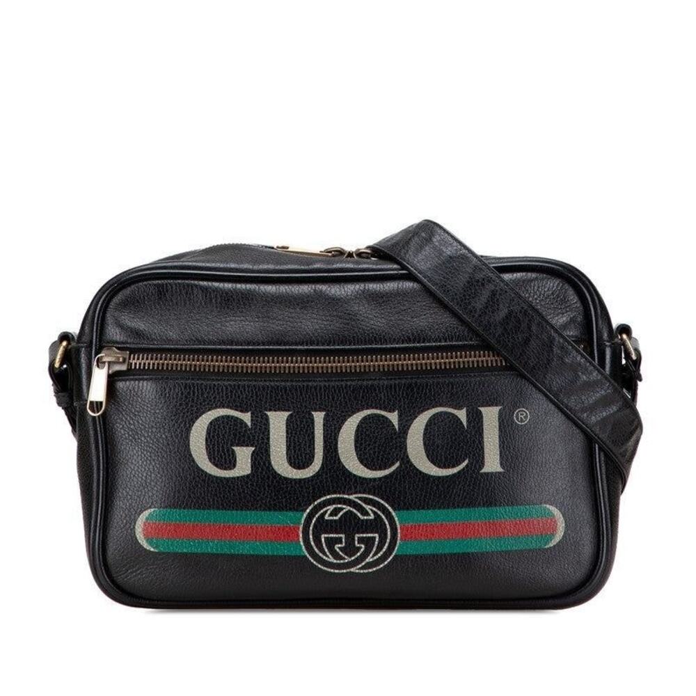 Gucci Logo Print Crossbody Bag Leather Shoulder Bag Black